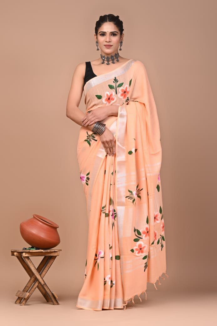 Hand Block Printed Linen Saree with Blouse